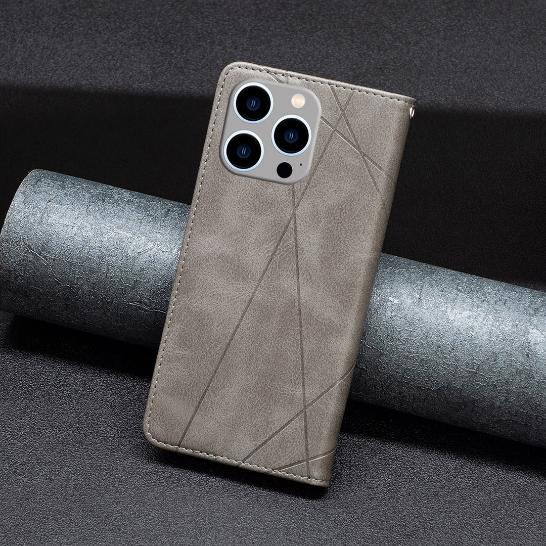 Uniqkart for iPhone 15 Pro Max Stand Leather Phone Cover Card Holder Shell Imprinted Line Cell Phone Case - Grey Uniqkart for iPhone 15 Pro Max Stand Leather Phone Cover Card Holder Shell Imprinted Line Cell Phone Case - Grey